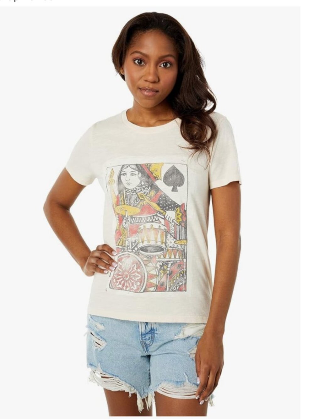 Lucky Brand Women's Queen of Spades Playing Card Cotton T Shirt Off-White, Med
